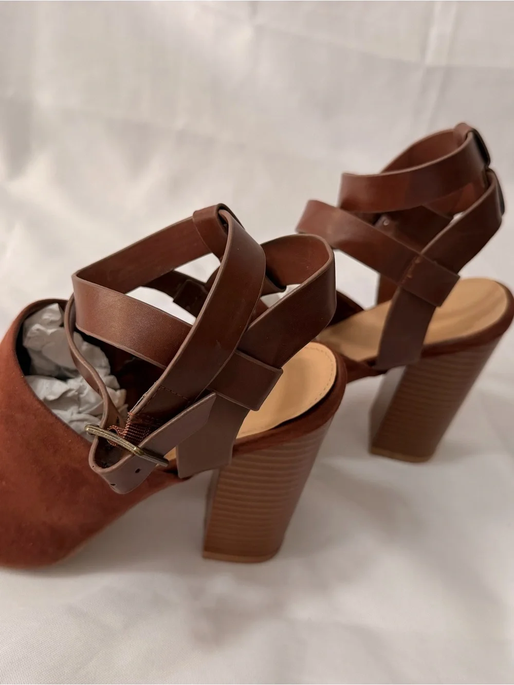 Shoe Dazzle Ella Cognac Brown Suede Block Heel Sandals